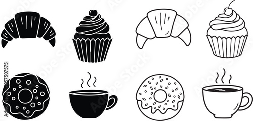 Breakfast sweets hand drawn vector illustration set in naive doodle style. Cute pastry, dessert and morning food elements collection..eps