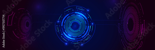 A futuristic digital interface with circular holographic elements on a dark blue background. High tech, data analysis, and cybernetics. Vector HUD illustration.