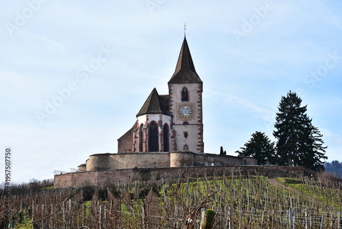 church and bulwark in french village Hunawihr,France
