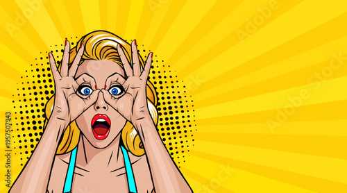 Pop Art Blonde Woman Hands on Face Shocked Expression - Retro Comic Book Style Illustration on Yellow Sunburst Background