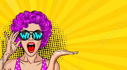 Pop Art Woman with Purple Hair and Blue WOW Sunglasses Gesturing - Retro Comic Book Style Illustration on Yellow Sunburst Background