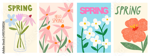 Hand drawn crayon spring cards with flowers. Chalk wildflowers, tulips, daisies. Vector spring set of the cutest cards, posters, floral art template for Womens Day, Mothers Day, birthday, Easter.