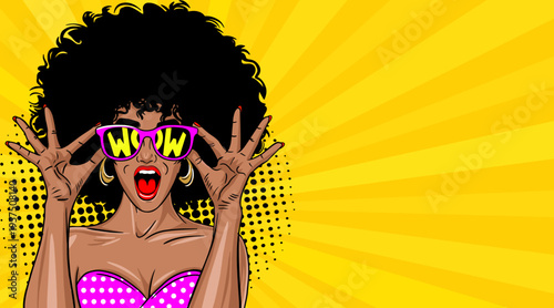 Pop Art African American Woman with Afro Hair and WOW Sunglasses Hands Up - Retro Comic Book Style Illustration on Yellow Sunburst Background