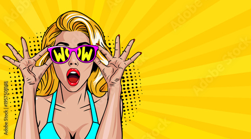 Pop Art Blonde Woman with WOW Sunglasses Hands Up - Retro Comic Book Style Illustration on Yellow Sunburst Background