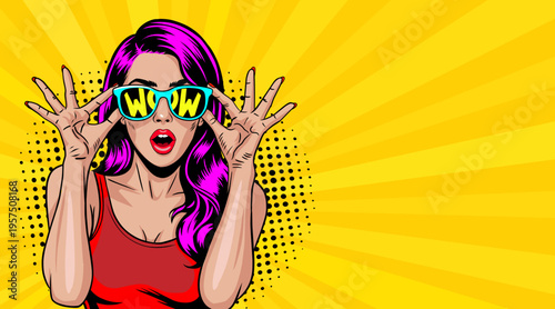 Pop Art Woman with Purple Hair and WOW Sunglasses Hands Up - Retro Comic Book Style Illustration on Yellow Sunburst Background