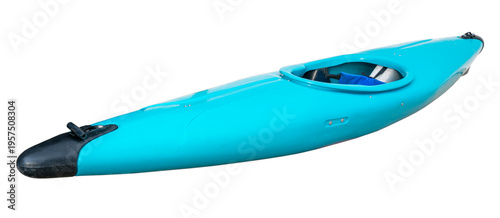 bow of blue plastic old whitewater kayak with a paddle isolated on white