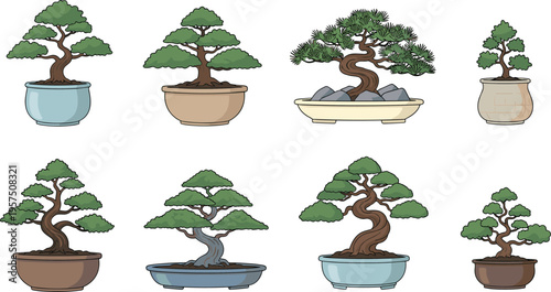 Bonsai Tree Collection with Decorative Miniature Plants in Pots, Japanese Garden Style Botanical Elements Flat Vector Illustration Set Isolated on White Background