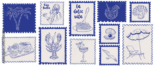 Hand drawn summer Mediterranean postage stamps. Dolce vita Italian style vacation. Sticker with pasta, cocktails, lobster. Amalfi Sicily beach holidays elements for poster, placard, postcard prints