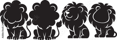 Set of cartoon lion silhouettes in different styles showing mascot design and icons
