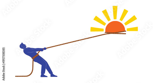 A determined person pulling a rope towards a bright sun