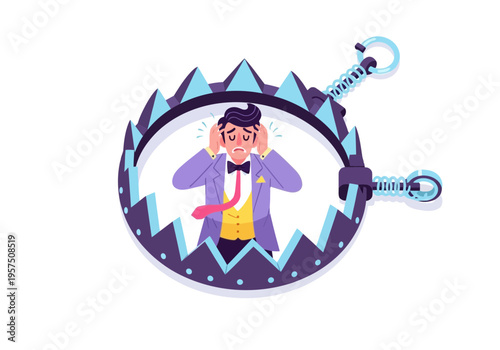 Businessman trapped in bear trap feeling stressed and anxious about debt
