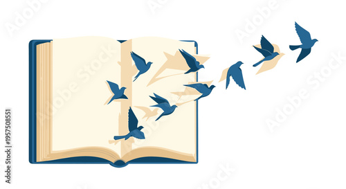 An open book with blue birds flying out of its pages on a white background