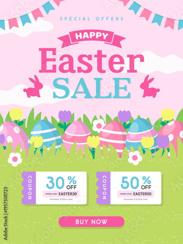Happy Easter Sale coupon discount template vector illustration.  Easter eggs in a field of flowers