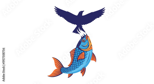 A colorful illustration of a bird catching a fish in mid-air with vibrant hues and playful design