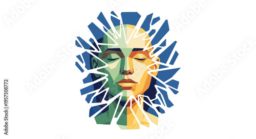 A vibrant illustration of a woman's face with a shattered glass effect