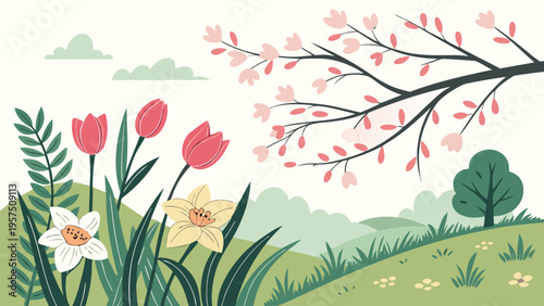 Spring landscape with blooming flowers, grassy hills, trees, and a single green tree, new life