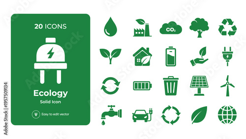 Simple Solid Ecology and Environmental related Icon Set in Green Color