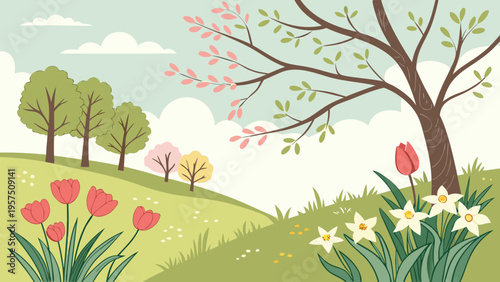 Peaceful spring countryside scene with blooming flowers, rolling hills, and trees, new life