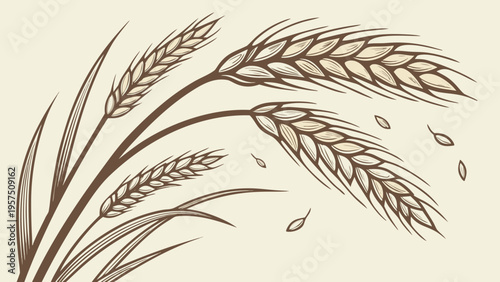 Group of wheat stalks with falling grains against a soft beige background, detailed illustration