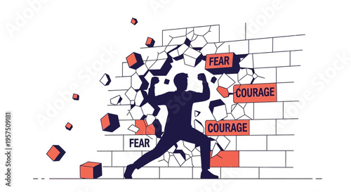 A man breaking through a wall of fear and courage with determination and strength