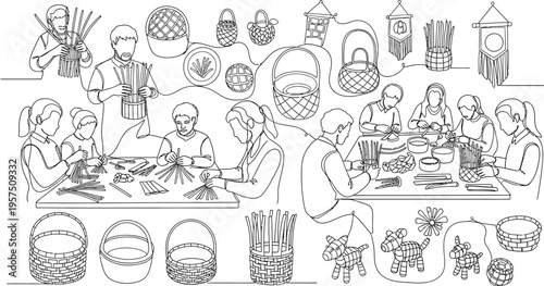 black and white illustration of people eating