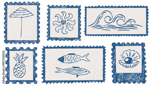 Hand drawn Italian summer postage stamps. Vintage sicilia amalfi sticker. Vector retro frame border, mediterranean coastal vacation doodles for holiday emblem, placard or poster.