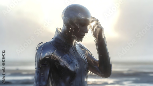 A futuristic person stands contemplatively against a luminous background, embodying introspection and contemplation.