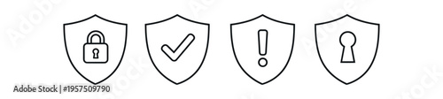 Row of four thin outline shield icons with lock, check mark, exclamation, and keyhole symbols