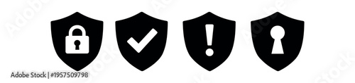 Row of four solid black shield icons with lock, check mark, exclamation, and keyhole symbols