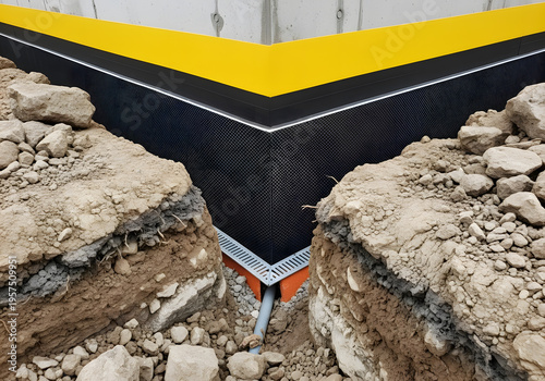 A close-up of a black and yellow waterproofing membrane