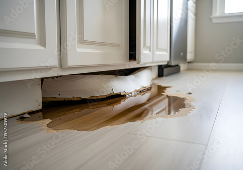 Water damage under kitchen cabinet on laminate floor