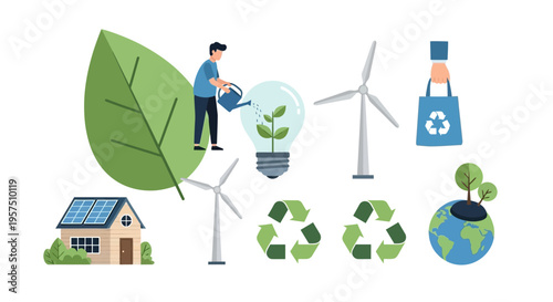 Sustainable Living & Green Energy Icon Set: Eco-Friendly Solutions, Recycling, Renewable Resources, Environmental Protection