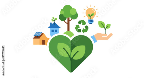 Sustainable Living & Green Economy Concept: Eco-Friendly Homes, Renewable Energy, Recycling, and Environmental Protection