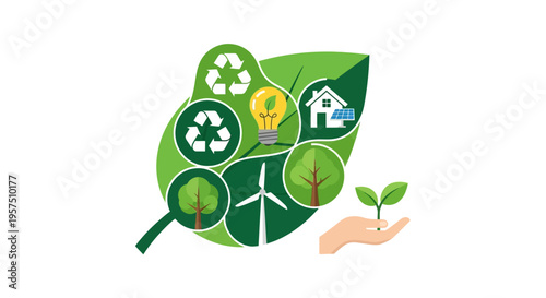 Eco-friendly Solutions: Green Energy, Recycling, and Nature Conservation in a Leaf Design