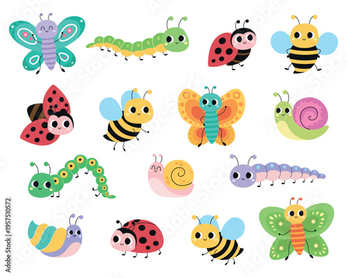 Funny insects. Ladybugs and butterflies, caterpillars and snails. Set of cute little cartoon characters. Vector illustration isolated on a white background.