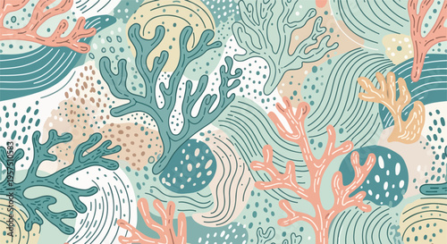 Vibrant coral reef pattern with seaweed and abstract shapes