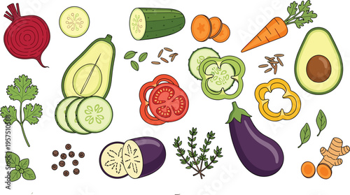 Fresh Sliced Organic Vegetable and Herb Icon Set with Tomato, Eggplant, Carrot, Bell Pepper, Avocado, Beetroot, Cucumber, and Ginger for Healthy Cooking Designs