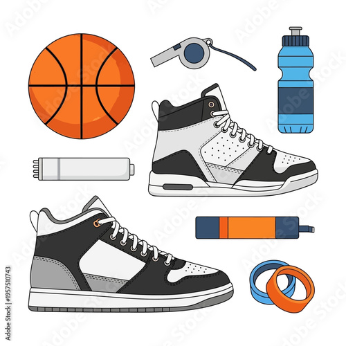 Basketball Sports Gear Flat Lay Illustration: Shoes, Ball, Whistle, Water Bottle, Tape, Ankle Wraps