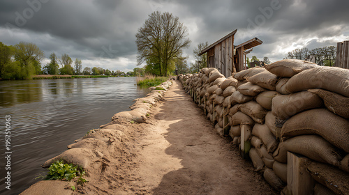 Wallpaper Mural Dramatic landscape with a wall of sandbags beside a river under dark, cloudy skies, evoking themes of defense, history, and natural power Torontodigital.ca