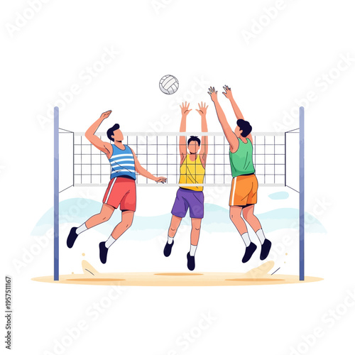 Beach Volleyball Game: Athletes Jumping Over Net for Spike and Block