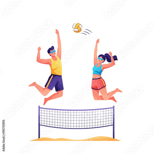 Beach Volleyball Couple Jumping to Hit Ball Over Net on Sunny Day