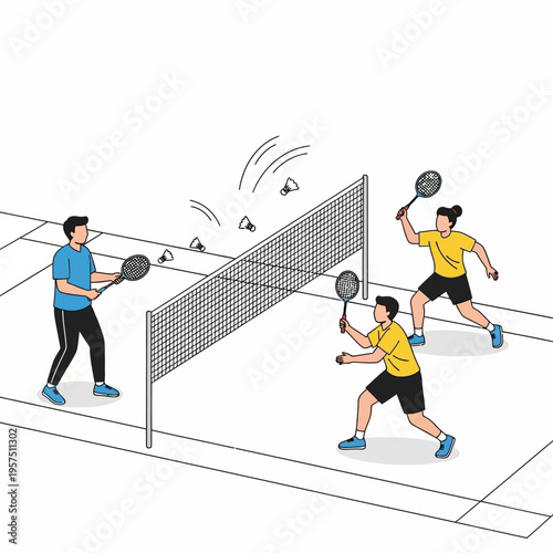 People playing badminton game on court with net, active sport competition