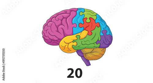 A colorful illustration of a human brain with puzzle pieces