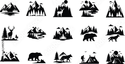 Collection of silhouette mountain and wildlife scenes isolated on transparent background