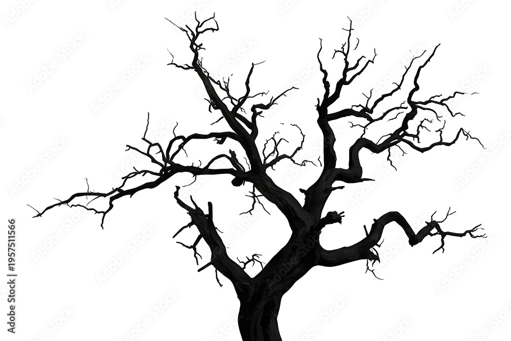 Fototapeta premium Dead tree silhouette with gnarled branches on transparent background, symbolizing fear, horror, and decay