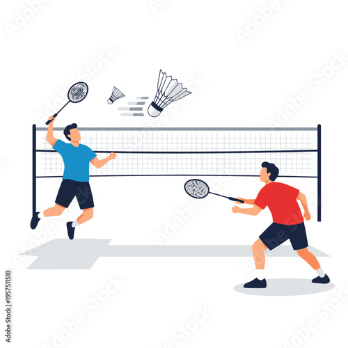 Two men playing badminton, one jumping to hit shuttlecock over net