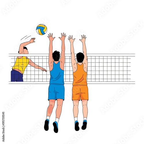Volleyball Players Jumping at Net for Block and Spike Action