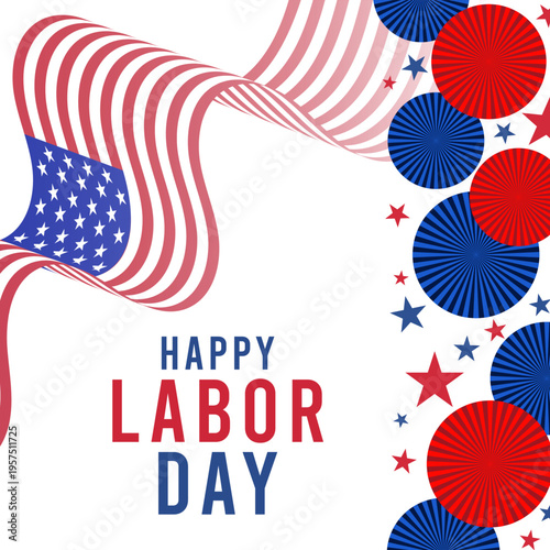 Happy Labor Day patriotic background with waving USA flag and red blue festive decoration design