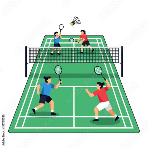 Badminton Game Illustration: Four Players Competing on Green Court