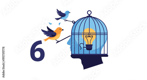 An illustration of a human head with a bird flying out of a cage containing a lightbulb, symbolizing creativity and freedom.